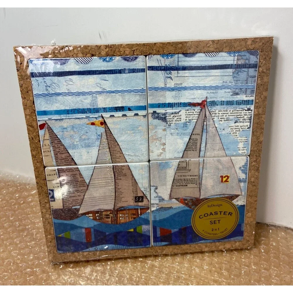 Demdaco New Coaster and Trivet Set 4 Coaster in Cork Base Sealed Sailboat